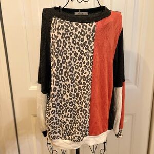 Deletta Black, Red, and Leopard Print Blouse